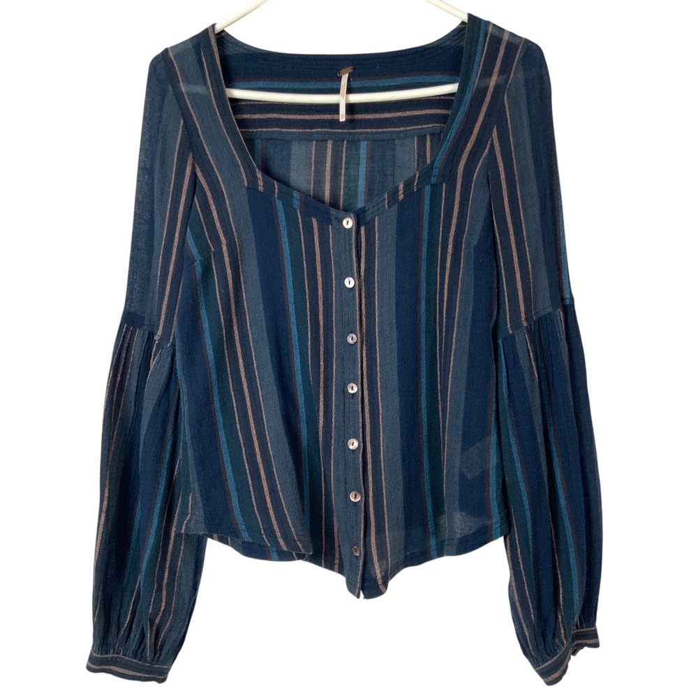 Free People Blue Striped Blouse XS Button Square Neck Long Balloon Sleeve Boho